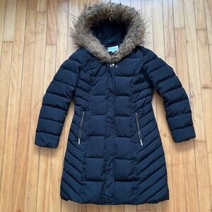 Cole Haan Signature Black Down Puffer Coat Faux Fur Hood Full Zip Womens Small